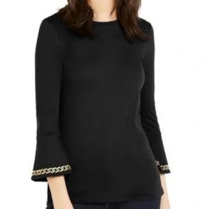 Michael Kors Black Metallic Chain Embellished Bell Sleeve Blouse Top